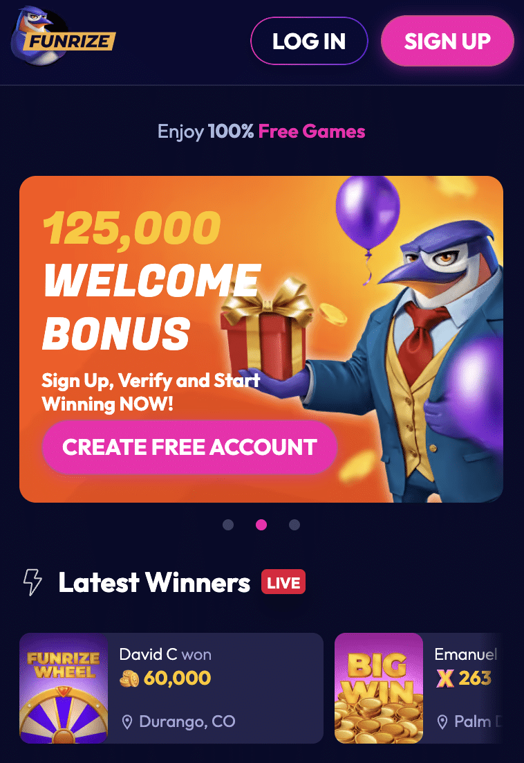 Funrize promo code welcome offer of 125,000 coins.